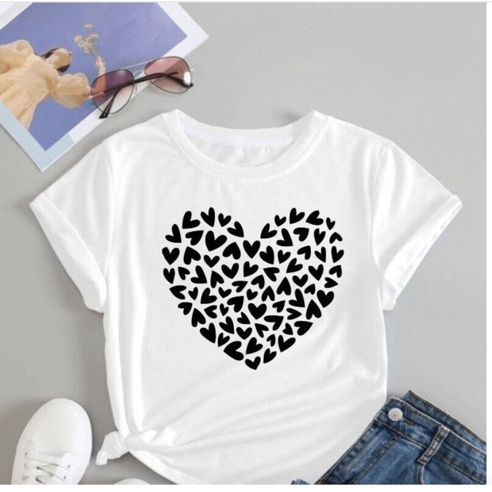 Funky Pink Heart Print Short Sleeve White With Black Heart Medium Comfy